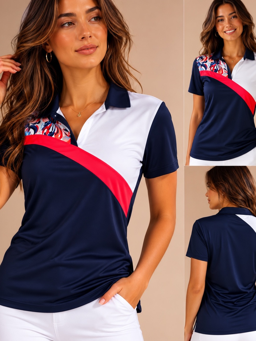 Monterey Bay Navy Polo Shirt with White and Bright Pink Accent
